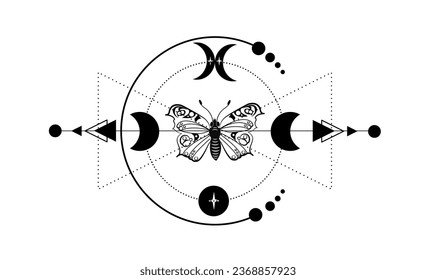 Fase lunar. Mínima línea de arte de la luna mágica con diseño geomagnético Fase lunar mística para tatuar.