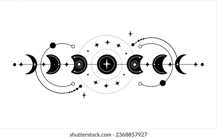 Moon phase.minimal line art magic moon with geomagnetic design Mystic lunar phase for tattoo.