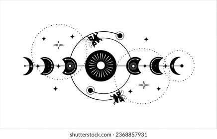 Fase lunar. Mínima línea de arte de la luna mágica con diseño geomagnético Fase lunar mística para tatuar.