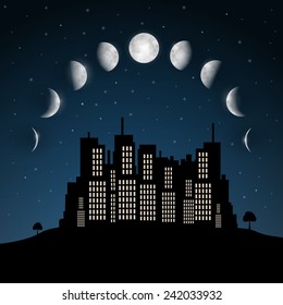 Moon Phases above Night City Vector