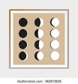 Moon phases. Abstract poster. Wooden square thin frame. Scandinavian style. Hand drawn ink textures. Stock vector.
