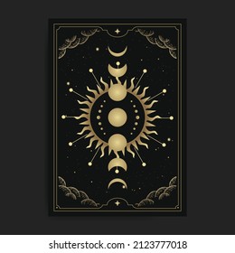 Moon phases accompanied by the sun with engraving or hand drawn style, luxury, celestial, esoteric, boho style, fit for spiritualist, religious, paranormal, tarot reader, astrologer or tattoo vector