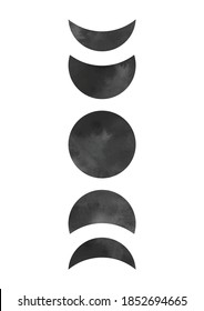 Moon phases art poster. Watercolor lunar print. Nature space illustration.