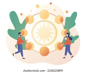 Fases lunares. Concepto de astrología. Tarjeta de brujería lunar mágica. Astronomía nocturna. Estilo moderno de dibujos animados planos. Ilustración del vector sobre fondo blanco
