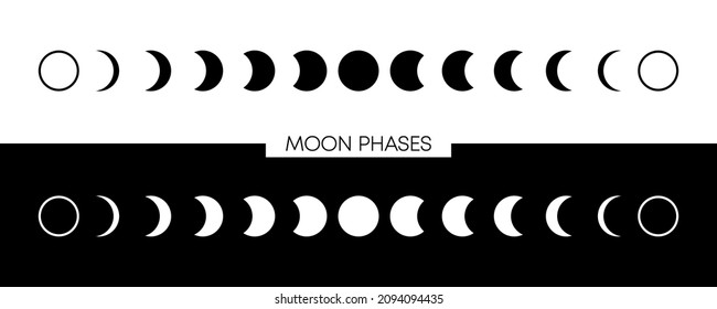 Moon phases astronomy icon collection on white and black background. Vector Illustration.