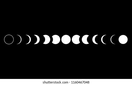 Moon phases astronomy icon set on black background. Vector Illustration