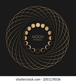 Mondphasen Astronomie Ikone im runden Rahmen Mondkreislauf, Vollmond, Abstieg, Wachsen, erstes Viertel, Gibbous, Halbmond, drittes Quartal. Vektorgrafik auf schwarzem Hintergrund