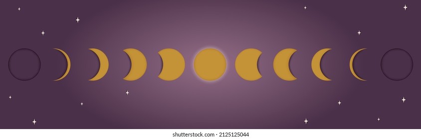 Icono de astronomía de fases lunares con estrellas. Ilustración de vectores 3d de corte de papel sobre fondo morado