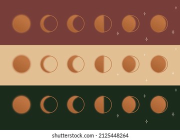Moon phases astronomy icon set with stars. Textured moon with glow. Vector Illustration on burgundy, green and body color background