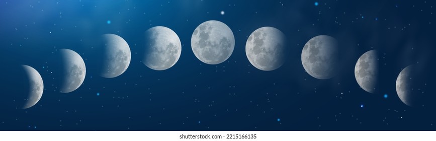 Moon Phases Astronomie Icon Set. Vektorrealistische Nachtlandschaft mit blauem Himmel und Sternen