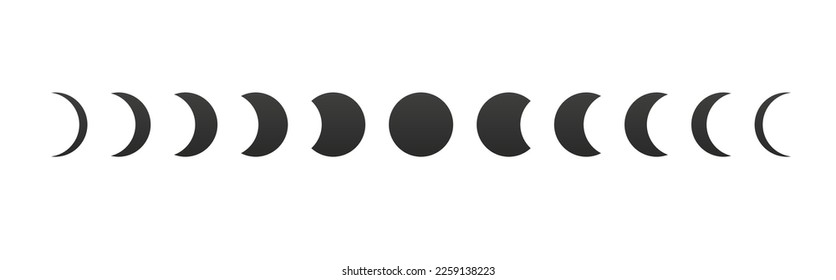 Moon phases astronomy icon set on a white background. Solar eclipse. Night space astronomy and nature moon phases. The whole cycle from new moons to full moon. Vector illustration