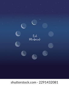 Moon phases astronomy icon set Vector Illustration. Eid greetings concept.