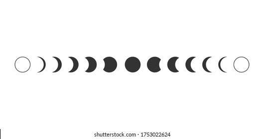 Moon phases astronomy icon silhouette symbol set. Full moon and crescent sign logo. Vector illustration. Isolated on white background.