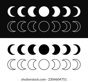 El símbolo de silueta de icono de astronomía de las fases de la luna. Logo de la luna llena y del signo de la media luna. Ilustración vectorial. Aislado sobre fondo blanco negro.