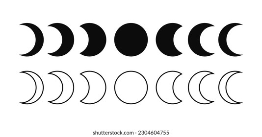 El símbolo de silueta de icono de astronomía de las fases de la luna. Logo de la luna llena y del signo de la media luna. Ilustración vectorial. Aislado sobre fondo blanco.