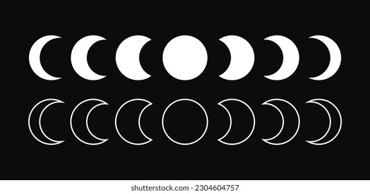 Moon phases astronomy icon silhouette symbol set. Full moon and crescent sign logo. Vector illustration. Isolated on Black background.