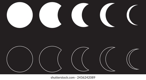 Moon phases astronomy icon silhouette symbol set. Full moon and crescent sign logo.  Isolated on white background. Vector illustration. EPS 10