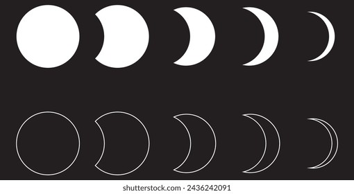 Moon phases astronomy icon silhouette symbol set. Full moon and crescent sign logo.  Isolated on white background. Vector illustration. EPS 10