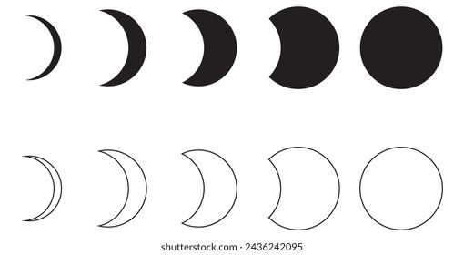 Moon phases astronomy icon silhouette symbol set. Full moon and crescent sign logo.  Isolated on white background. Vector illustration. EPS 10