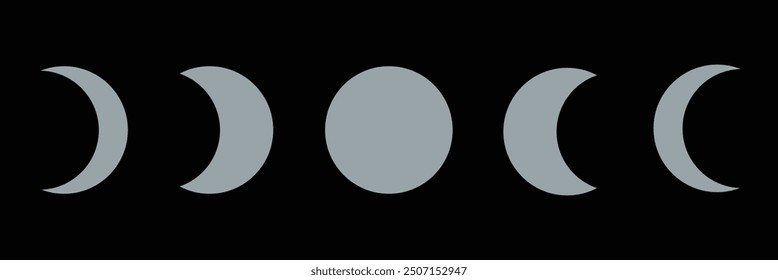 Moon phases astronomy icon silhouette symbol set. Full moon and crescent sign logo. Vector illustration. Isolated on background.