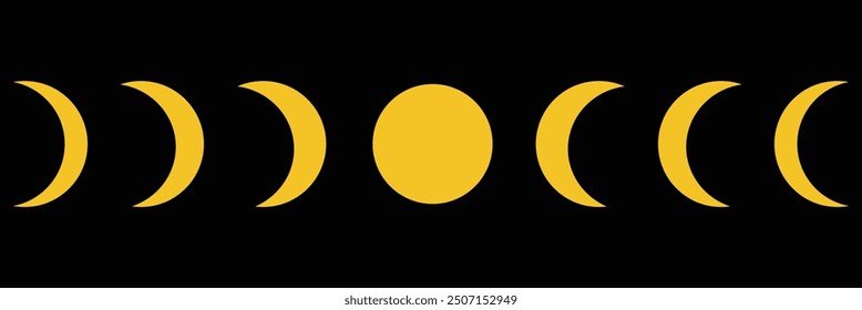 Moon phases astronomy icon silhouette symbol set. Full moon and crescent sign logo. Vector illustration. Isolated on background.