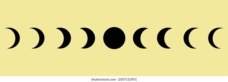 Conjunto de símbolos de silueta de icono de astronomía de fases lunares. Logotipo de signo de luna llena y media luna. Ilustración vectorial. Aislado sobre fondo.