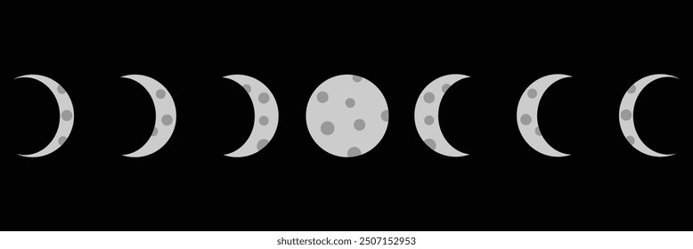 Conjunto de símbolos de silueta de icono de astronomía de fases lunares. Logotipo de signo de luna llena y media luna. Ilustración vectorial. Aislado sobre fondo.