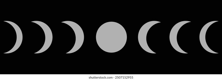 Moon phases astronomy icon silhouette symbol set. Full moon and crescent sign logo. Vector illustration. Isolated on background.