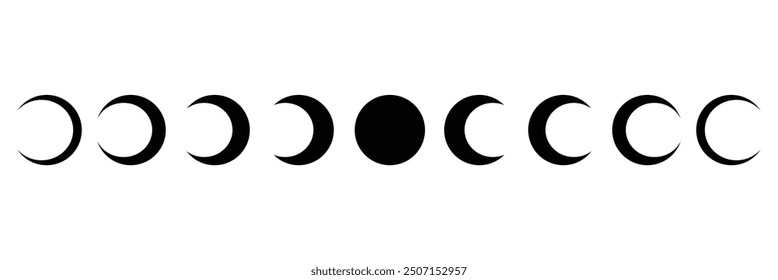 Moon phases astronomy icon silhouette symbol set. Full moon and crescent sign logo. Vector illustration. Isolated on background.