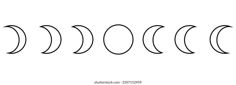 Moon phases astronomy icon silhouette symbol set. Full moon and crescent sign logo. Vector illustration. Isolated on background.