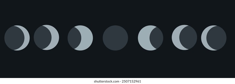 Moon phases astronomy icon silhouette symbol set. Full moon and crescent sign logo. Vector illustration. Isolated on background.