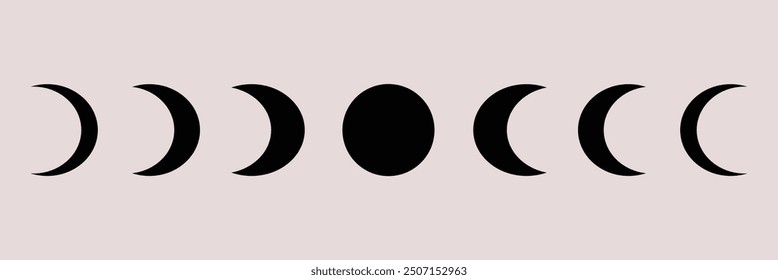 Moon phases astronomy icon silhouette symbol set. Full moon and crescent sign logo. Vector illustration. Isolated on background.