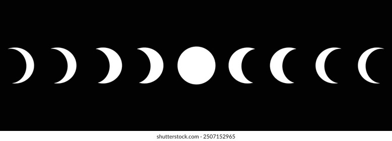 Moon phases astronomy icon silhouette symbol set. Full moon and crescent sign logo. Vector illustration. Isolated on background.