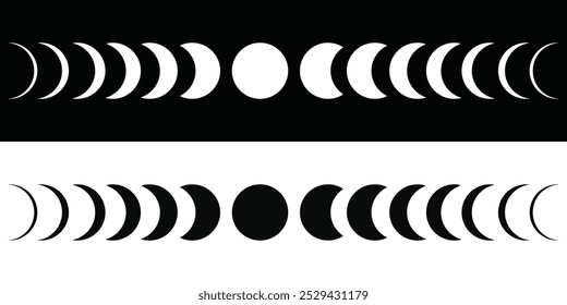 Moon phases astronomy icon silhouette symbol set. Full moon and crescent sign logo. Vector illustration. Isolated on background.