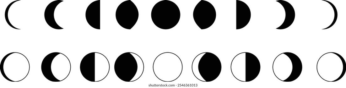 Moon phases astronomy icon silhouette symbol set. Full moon and crescent sign logo. Vector black flat and line collection isolated transparent background. Aesthetic boho gorizontal abstract poster.