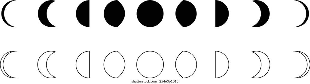 Moon phases astronomy icon silhouette symbol set. Full moon and crescent sign logo. Vector black flat and line collection isolated transparent background. Aesthetic boho gorizontal abstract poster.