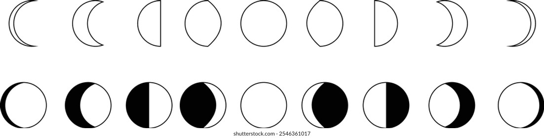 Moon phases astronomy icon silhouette symbol set. Full moon and crescent sign logo. Vector black flat and line collection isolated transparent background. Aesthetic boho gorizontal abstract poster.