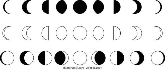 Moon phases astronomy icon silhouette symbol set. Full moon and crescent sign logo. Vector black flat and line collection isolated transparent background. Aesthetic boho gorizontal abstract poster.