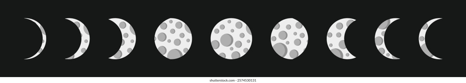 Moon phases astronomy icons set. The entire cycle from new moon to full. Vector illustration.