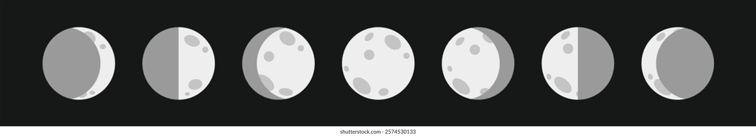 Moon phases astronomy icons set. The entire cycle from new moon to full. Vector illustration.