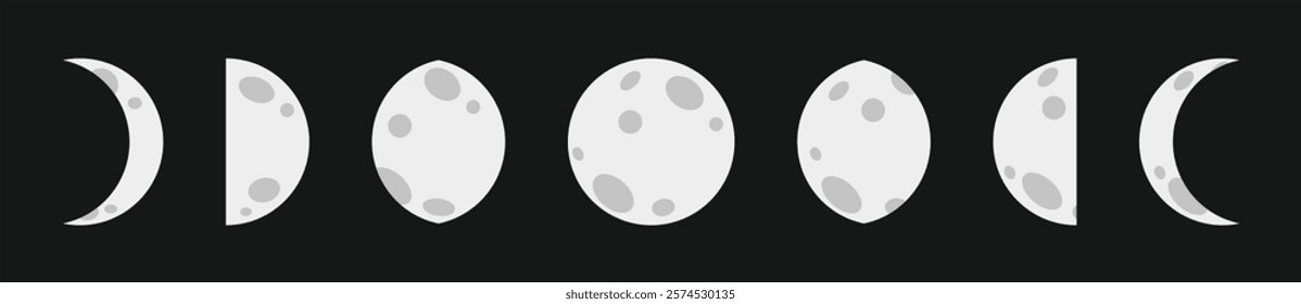 Moon phases astronomy icons set. The entire cycle from new moon to full. Vector illustration.