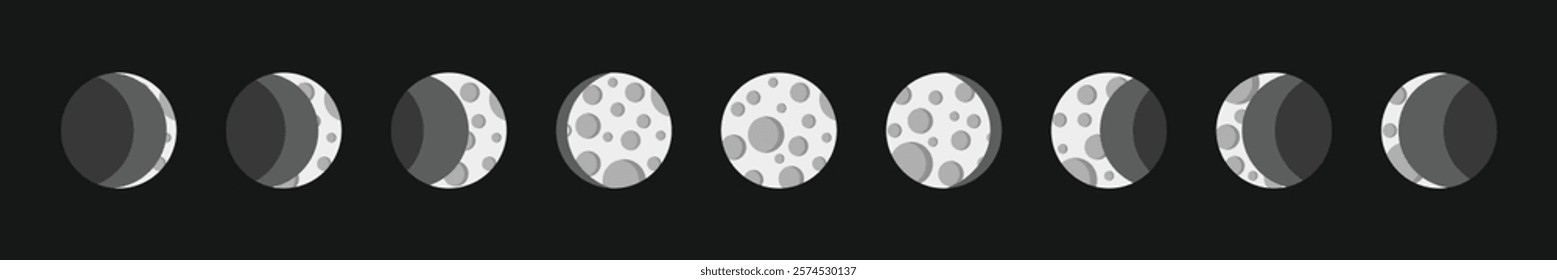 Moon phases astronomy icons set. The entire cycle from new moon to full. Vector illustration.