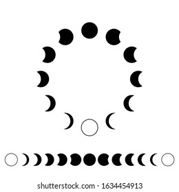 Moon phases astronomy. The moons in a circle are in a row Set Vector Illustration on the white background.