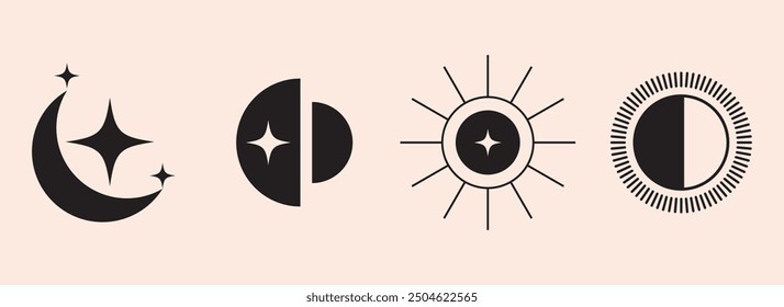 Moon phases astronomy. Mystical element vector illustration set