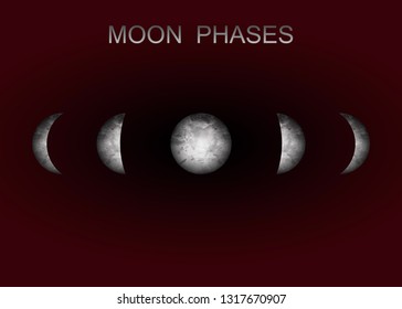 Moon phases astronomy realistic image on black background. Vector illustration of cycle from new to full moon