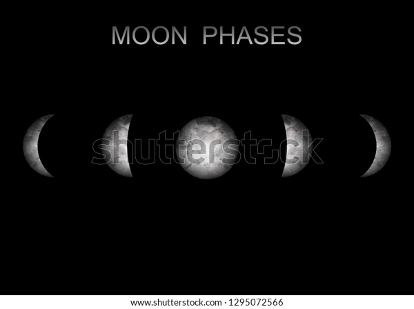 Moon phases\
astronomy realistic image on black background. Vector illustration\
of cycle from new to full\
moon