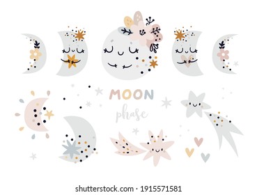Moon phases baby clipart. Creative illustration for kids with moon and stars. Cartoon clip art in boho style. Moon Child clip art, Bohemian moon. Ideal for kids room decoration, clothing, prints