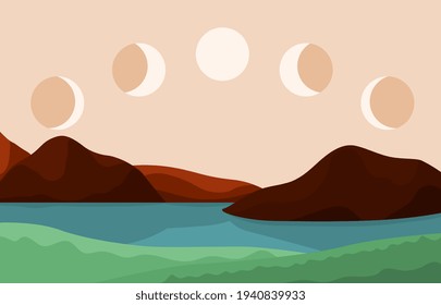 Moon phases background. Contemporary art poster, modern aesthetic mysterious backdrop. Mystic boho or astrology decoration recent vector concept