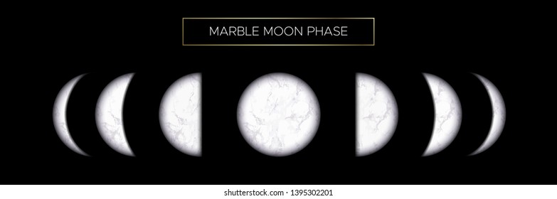 Moon phases of beautiful marble texture on black background. Vector illustration of cycle from new to full moon.
