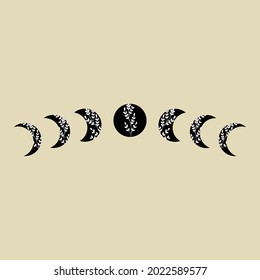 Moon phases with black crescent and full moon with white lace floral ornament. Design element for logos icons. Modern Boho style svg
